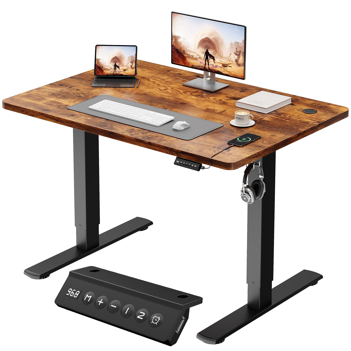 JUMMICO Electric Standing Desk 100x60cm – Height Adjustable with USB Charging, Sedentary Reminder, Memory Heights for Home Office Use, Rustic Brown