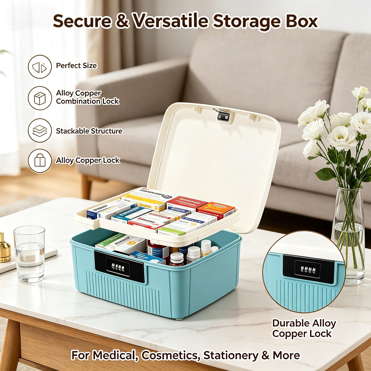 Joyseedi Lockable Storage Box Large Medicine & Food Safe Container with Combination Lock, 25×20×10cm Fridge Box with Removable Tray for Office