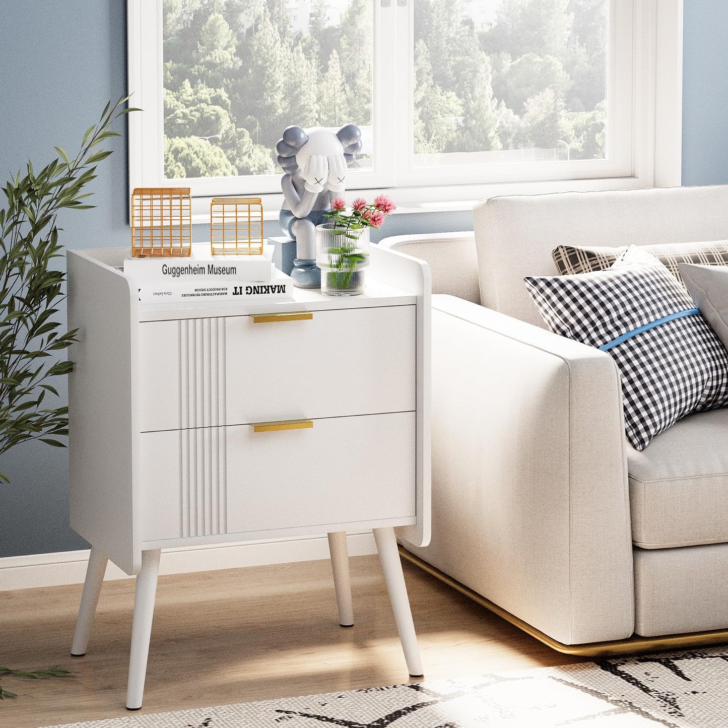 Garden 4 you White Bedside Table, Nightstand, Bed Side Table with Wood Decorated Drawers, Modern Bedside Cabinet, Bedroom End Table with Storage