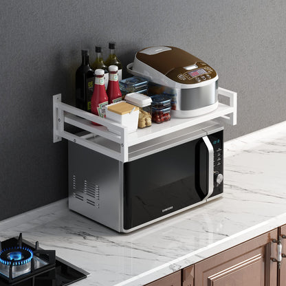 ABCOOL Wall Mount Microwave Oven Shelf Rack for Kitchen Home, Carbon Steel Counter Countertop Holder with Hook Rail and 3 Slidable Hooks
