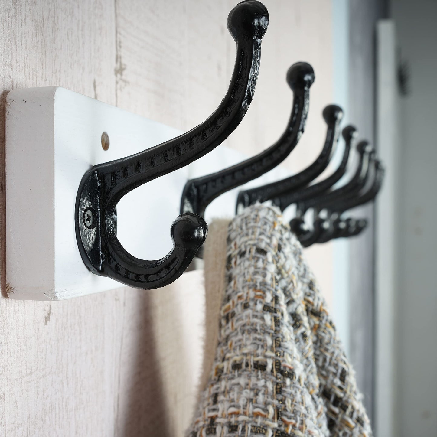 WEBI Rustic Coat Rack Wall Mount,5 Cast Iron Coat Hooks Wall Mounted,Heavy Duty Wall Coat Hanger Hooks for Hanging Coats,Clothes,Black on White,2