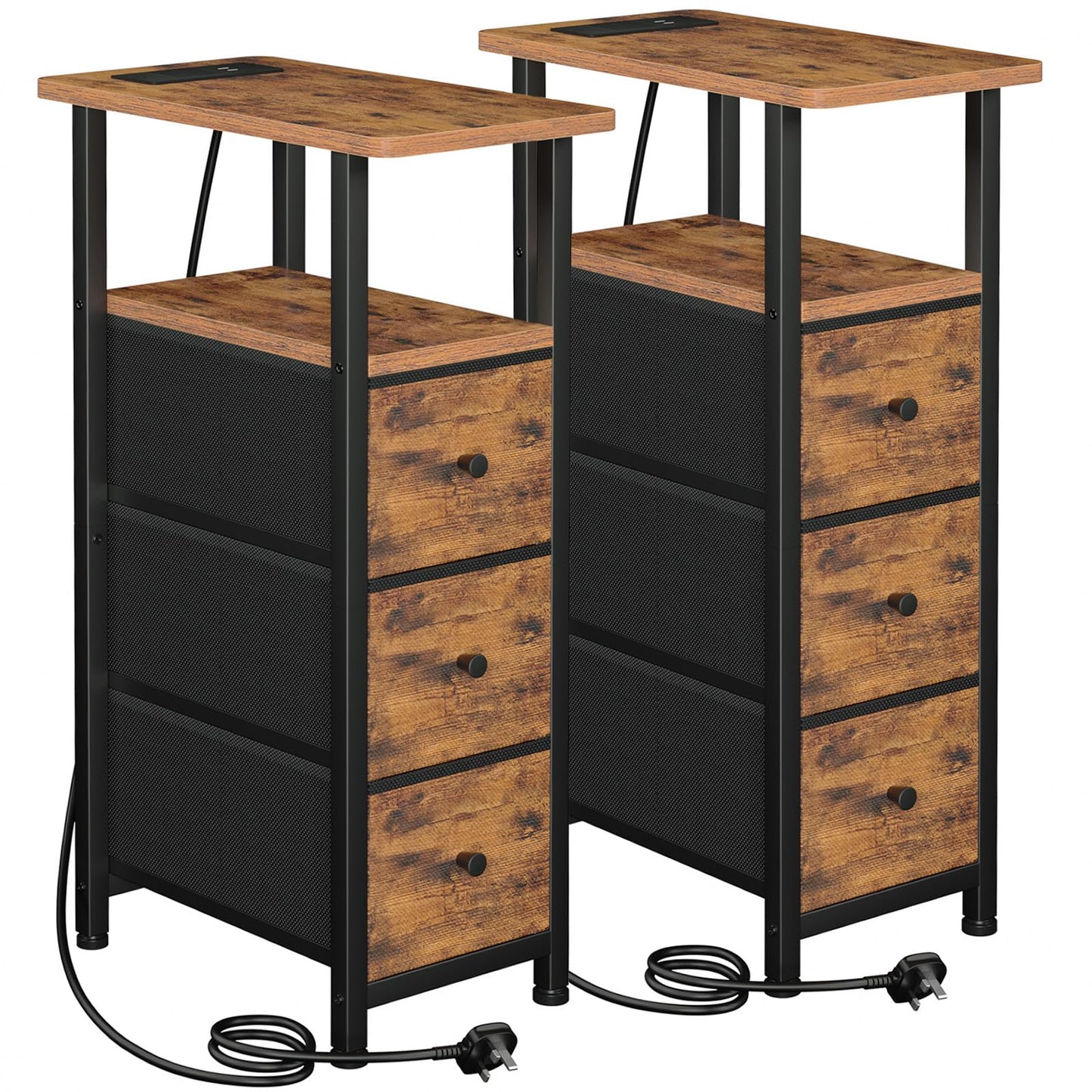 LOAKEKEL Slim Bedside Table Set of 2 with Charging Station, Narrow Side Table with 3 Fabric Drawers, End Table with Open Storage Shelf, Nightstand for