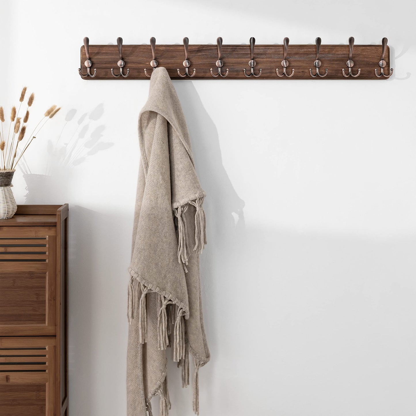 SKOLOO Coat Rack Wall Mounted - 38.3'' Long, Wooden, Heavy Duty, Rustic Coat Hooks for Wall, Wall Coat Rack with 10 Triple Hooks for Hanging Clothes