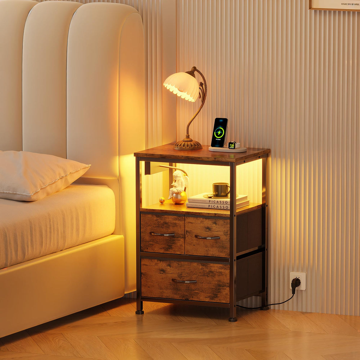 Flrrtenv Bedside Table with Power Strip, Bedside Cabinet with 3 Drawers, LED Bed Side Table for Bedroom