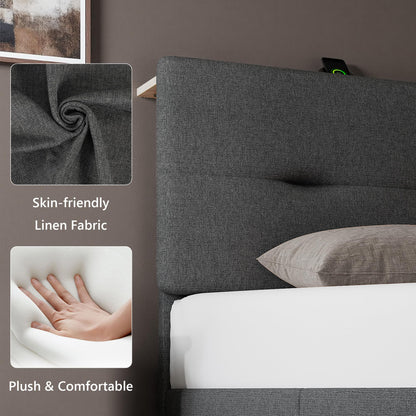 Feonase 4ft Double Bed Frame with Storage Linen Headboard, Upholstered Bedframe double bed with Charging Station, Sturdy Wooden Slat Support