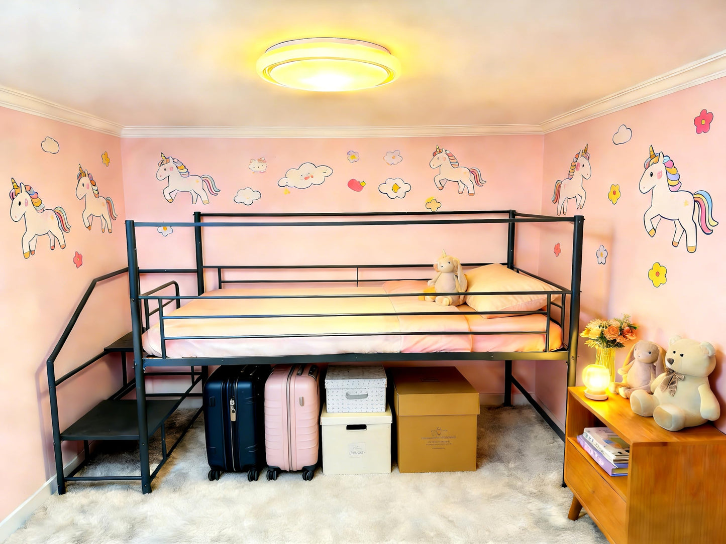 XINBEDEU Single Low Loft Bed with Storage Stairs, Metal Mid Loft Bed Frame with Safety Guardrails, Space-Saving Design for Bedroom