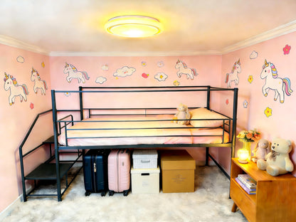 XINBEDEU Single Low Loft Bed with Storage Stairs, Metal Mid Loft Bed Frame with Safety Guardrails, Space-Saving Design for Bedroom