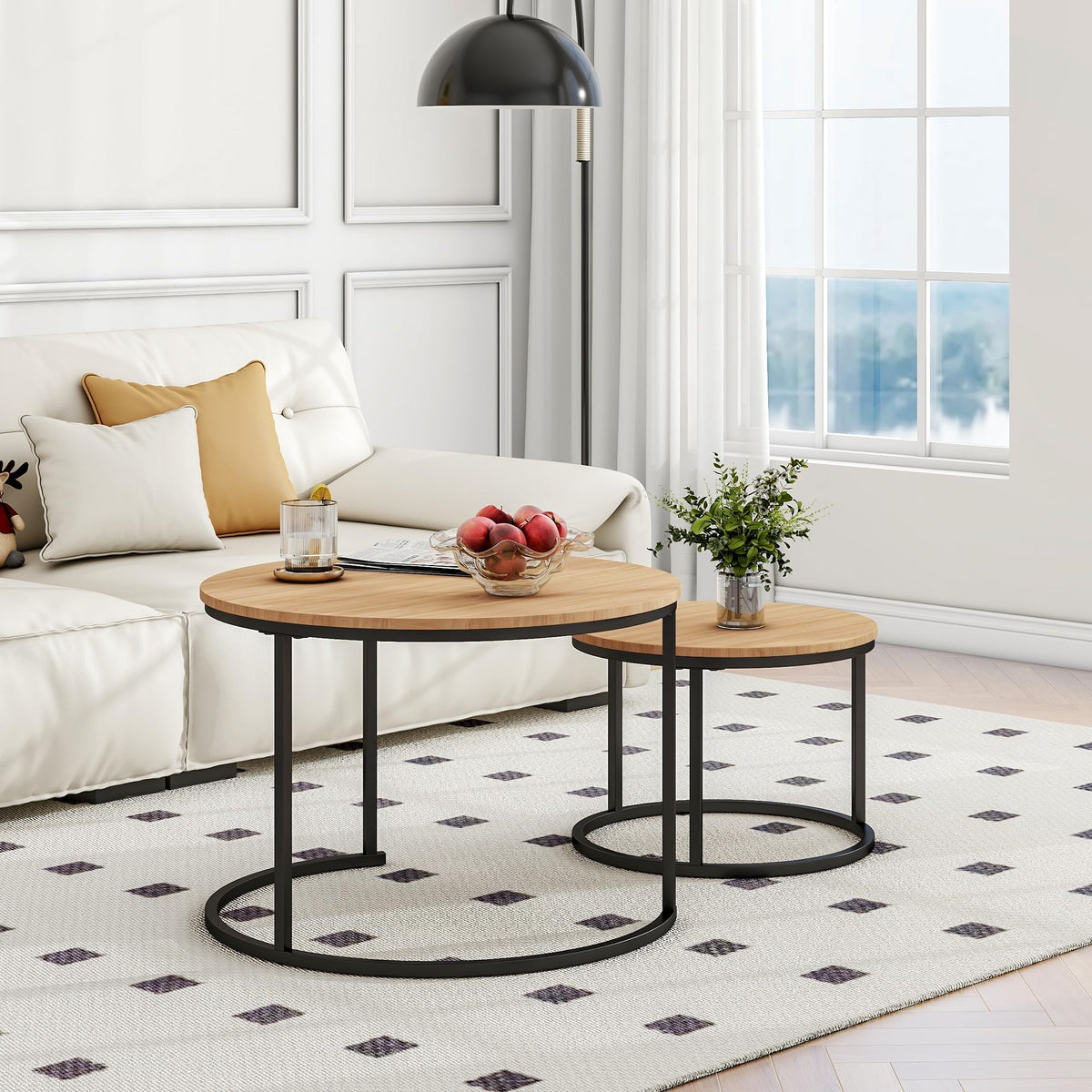 BOFENG Round Nesting Coffee Table, Set of 2 End Tables for Living Room/Bedroom/Small Space (Black+Oakdk, Set of 2)