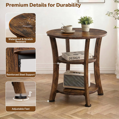 Yuede Round End Table, 3 Tier Side Table with Storage, Farmhouse Wood Side Table, Vintage Sofa Bedside Table Coffee Table for Bedroom Living Room