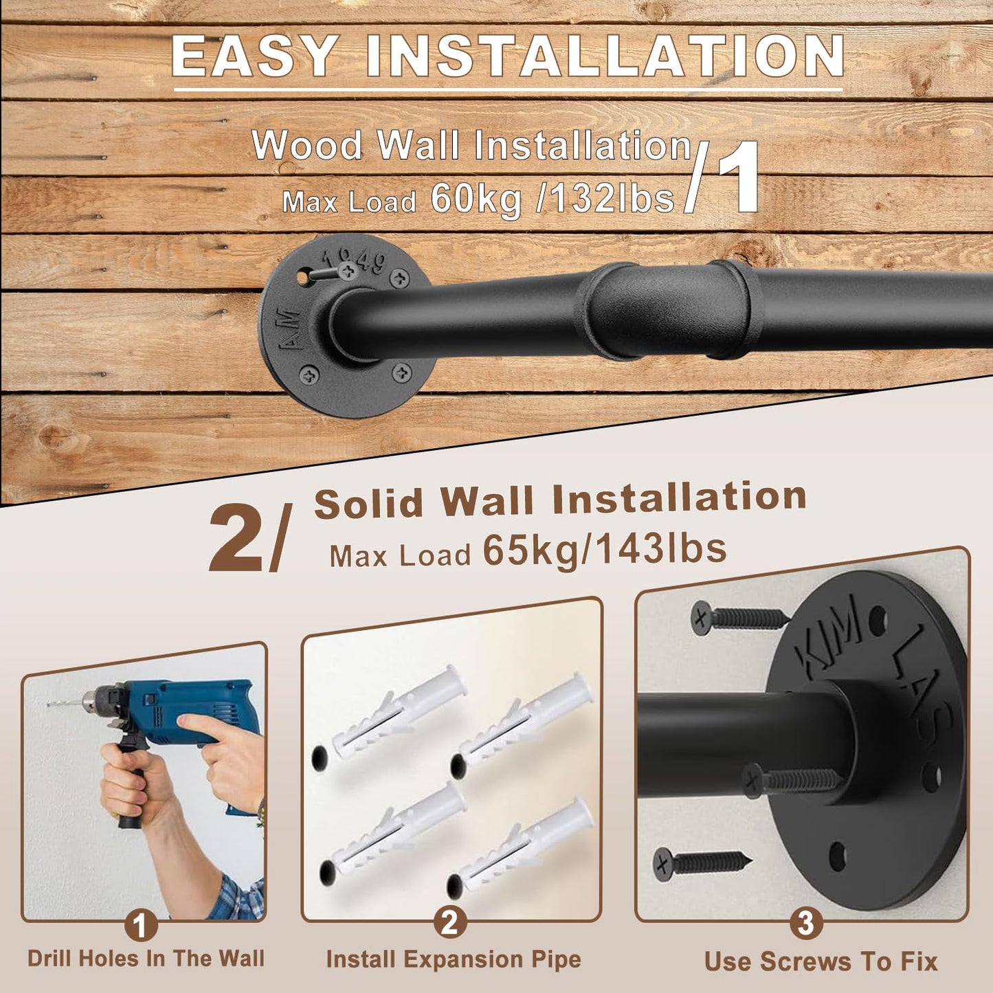 VOLISON Wall Mounted Clothes Rail, 186CM Industrial Pipe Clothing Rack, Detachable Heavy Duty Metal Garment Rail