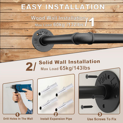 VOLISON Wall Mounted Clothes Rail, 186CM Industrial Pipe Clothing Rack, Detachable Heavy Duty Metal Garment Rail