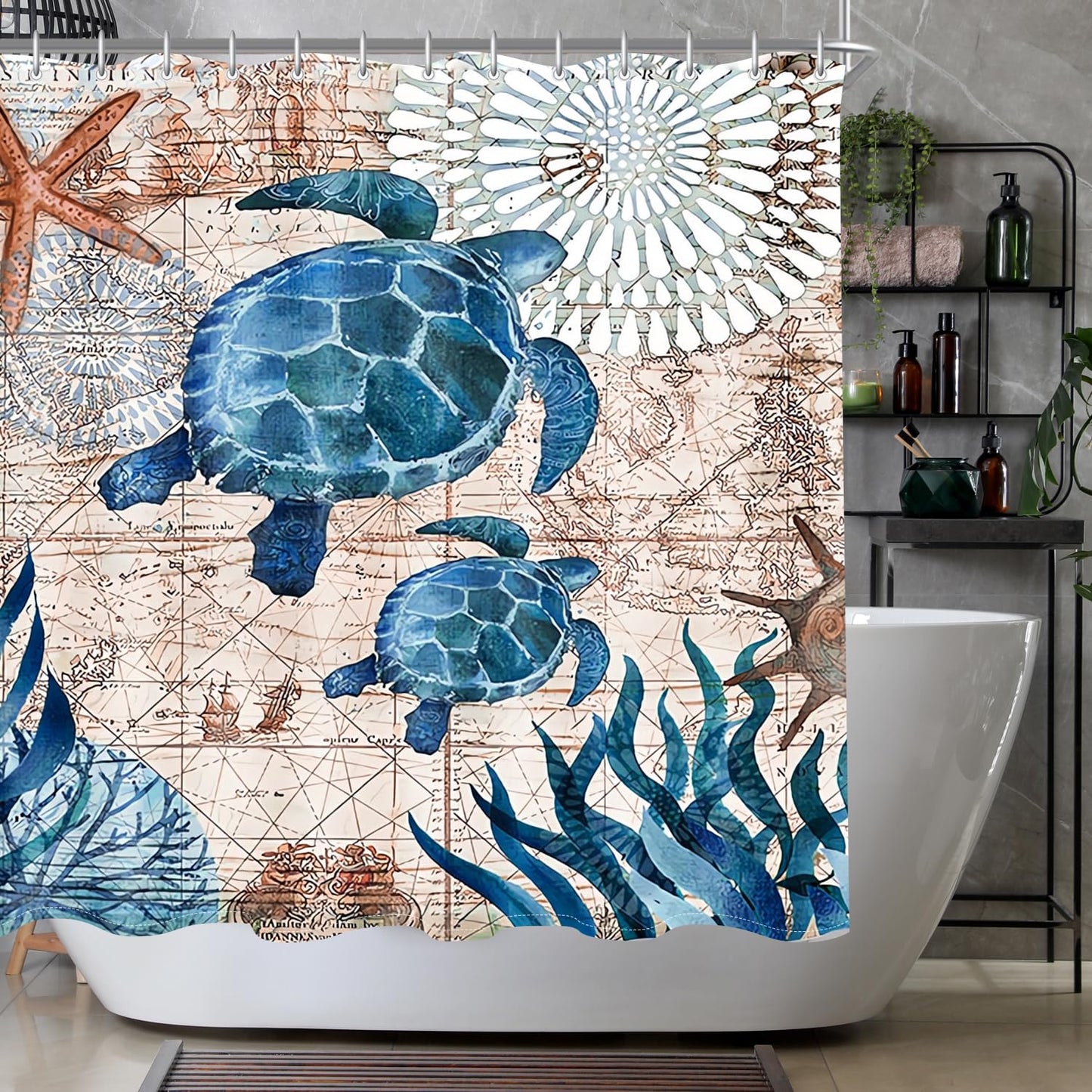 Lerores Shower Curtain, 240 x 200 cm, Sea Turtle, Weighted Hem, Anti-Mould, Water-Repellent, Washable Polyester Fabric Bath Curtains with Eyelets and