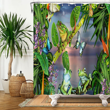 SDOTPMT 90x183cm Frog Shower Curtain Butterfly Cute Funny Animal Green Plant Leaves Flower Bath Curtain Summer Forest Natural Scenery Bathtub Curtain