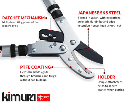 Kimura? Pro Heavy Duty Garden Loppers - Premium Anvil Lopper with Advanced Ratchet Mechanism, Lightweight Telescopic Handles, Japanese SK5 Steel