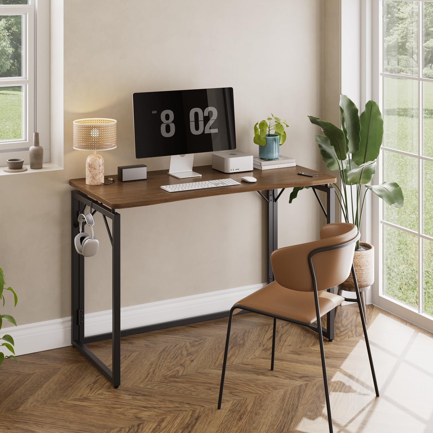 JOYMOOP 100 x 50 cm Folding Desk - Brown, No Assembly Middle Size Foldable Desk for Home, Office, Wooden Top Folding Computer Desk for Working