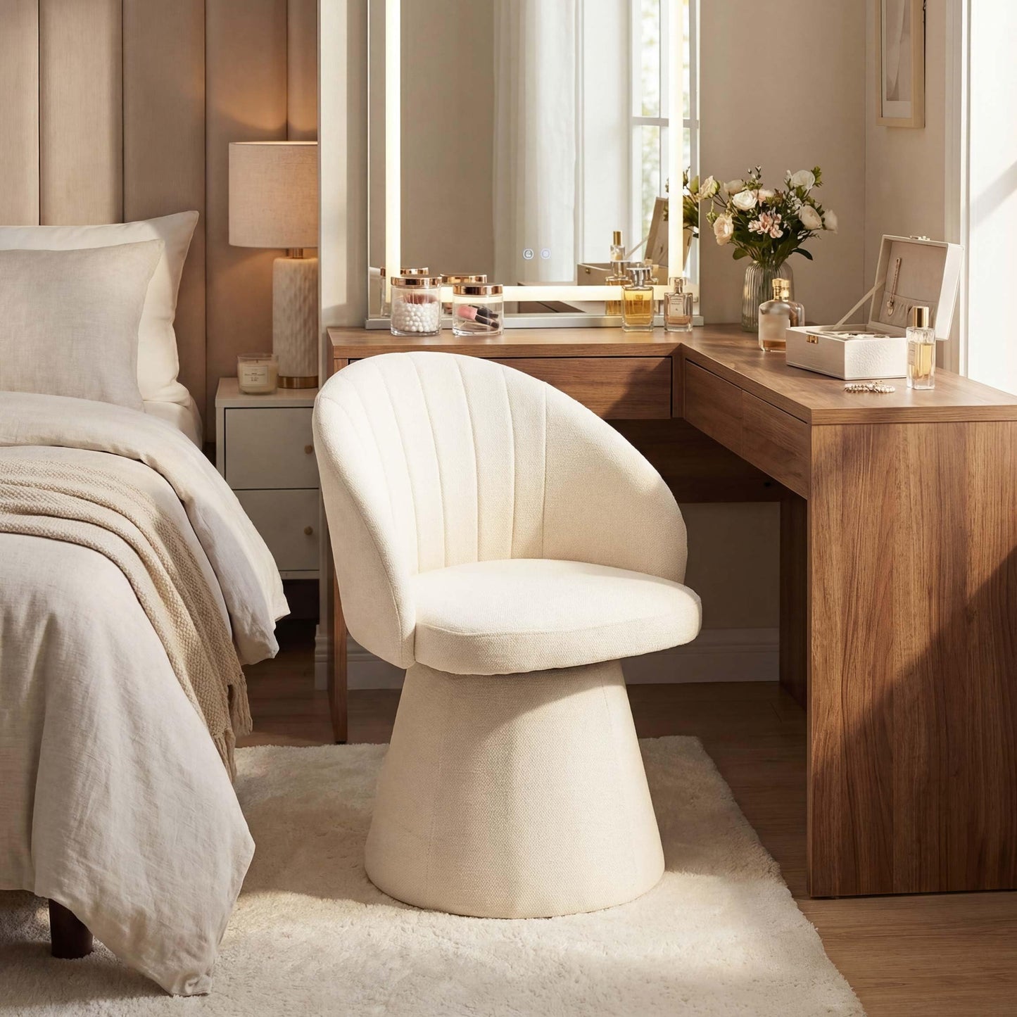 younturn Swivel Chenille Vanity Chair, Modern Upholstered Dressing Table Chair with Armrests, Accent chair with Armrests for Bedroom, Living Room