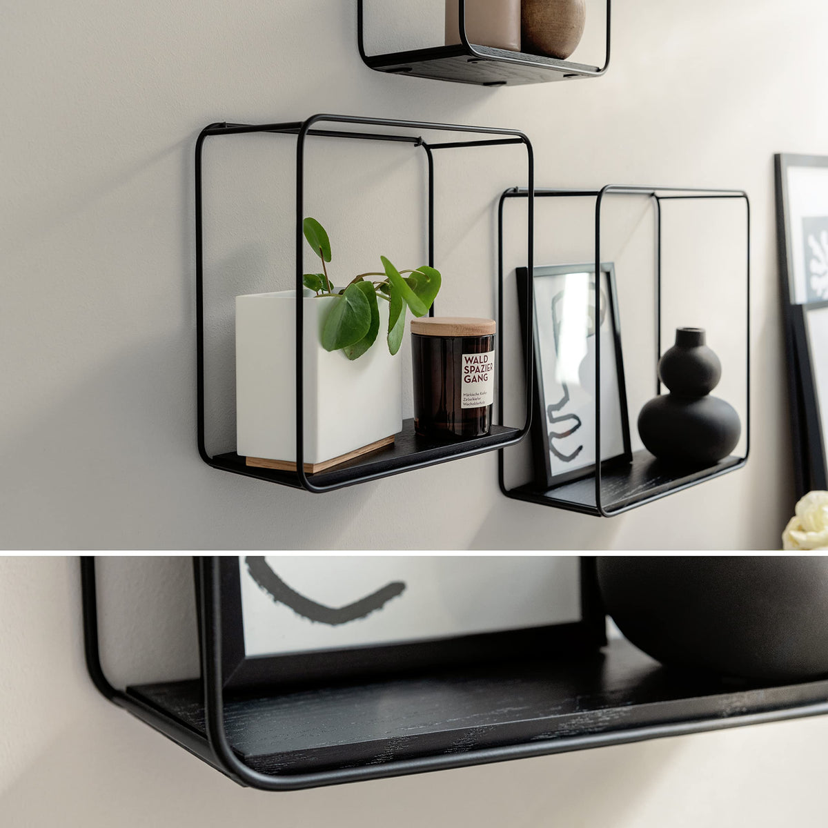 Kazai. Wall Shelves -Jona- | 3-Part Shelving Unit made of Metal and Real Wood Veneer | Wall Decor, Storage and Book Shelf for Bathroom, Living Room