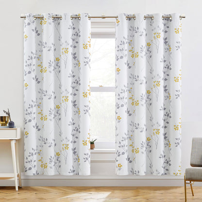 Beauoop Yellow Grey Floral Blackout Curtains for Bedroom Living Room 72 Inch Drop Leaf Print Eyelet Curtain Botanical Thermal Insulated Noise Reducing