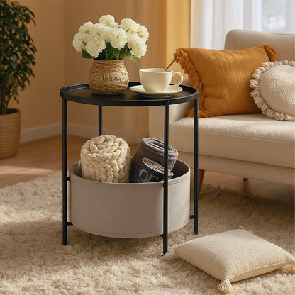 Rinkgarden Round Side Table with Fabric Basket, Modern and Sturdy, Metal End Table for Living Room, Bedroom, Bedside Table, Nursery