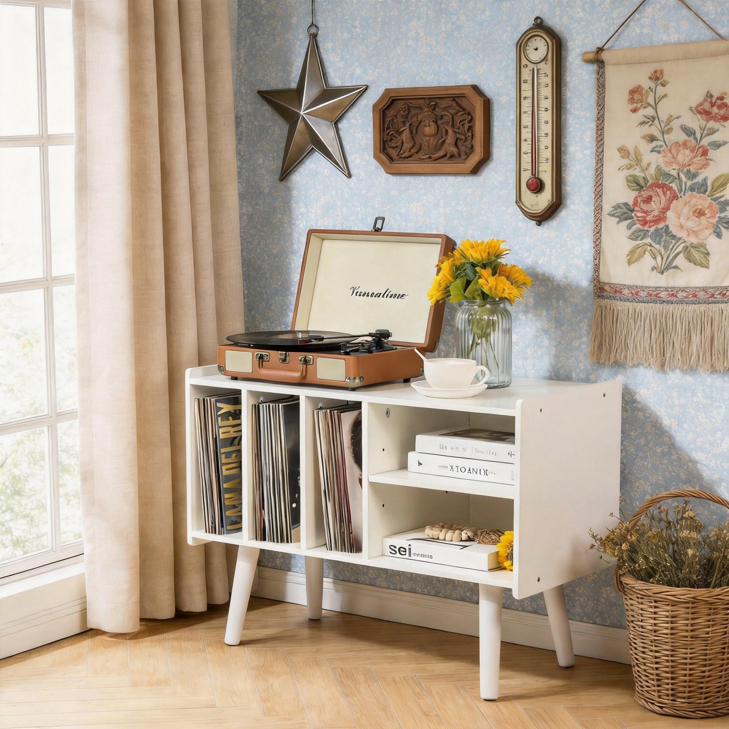 Record Player Stand with Vinyl Storage Holds Up to 300lb, Large Record Player Table Cabinet for Album Storage with Holder Vinyl Display Shelf