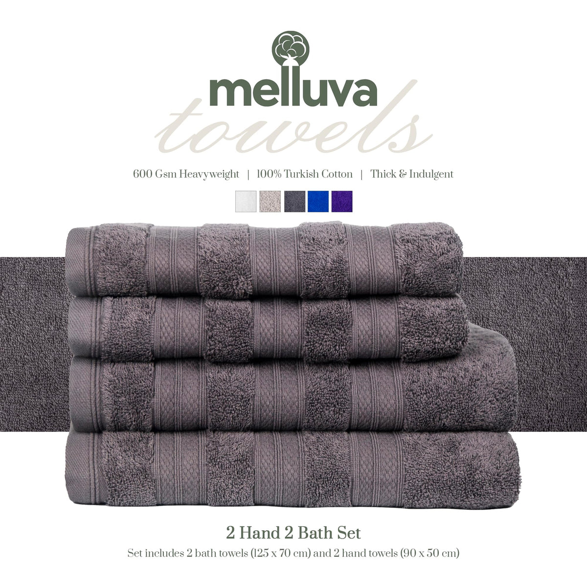 MELLUVA Large Bath Towels | Set of 4 | 100% Turkish Cotton | Highly Absorbent 600GSM | Soft Plush Luxury Towel Set | 2 Bath Towels 2 Hand Towels