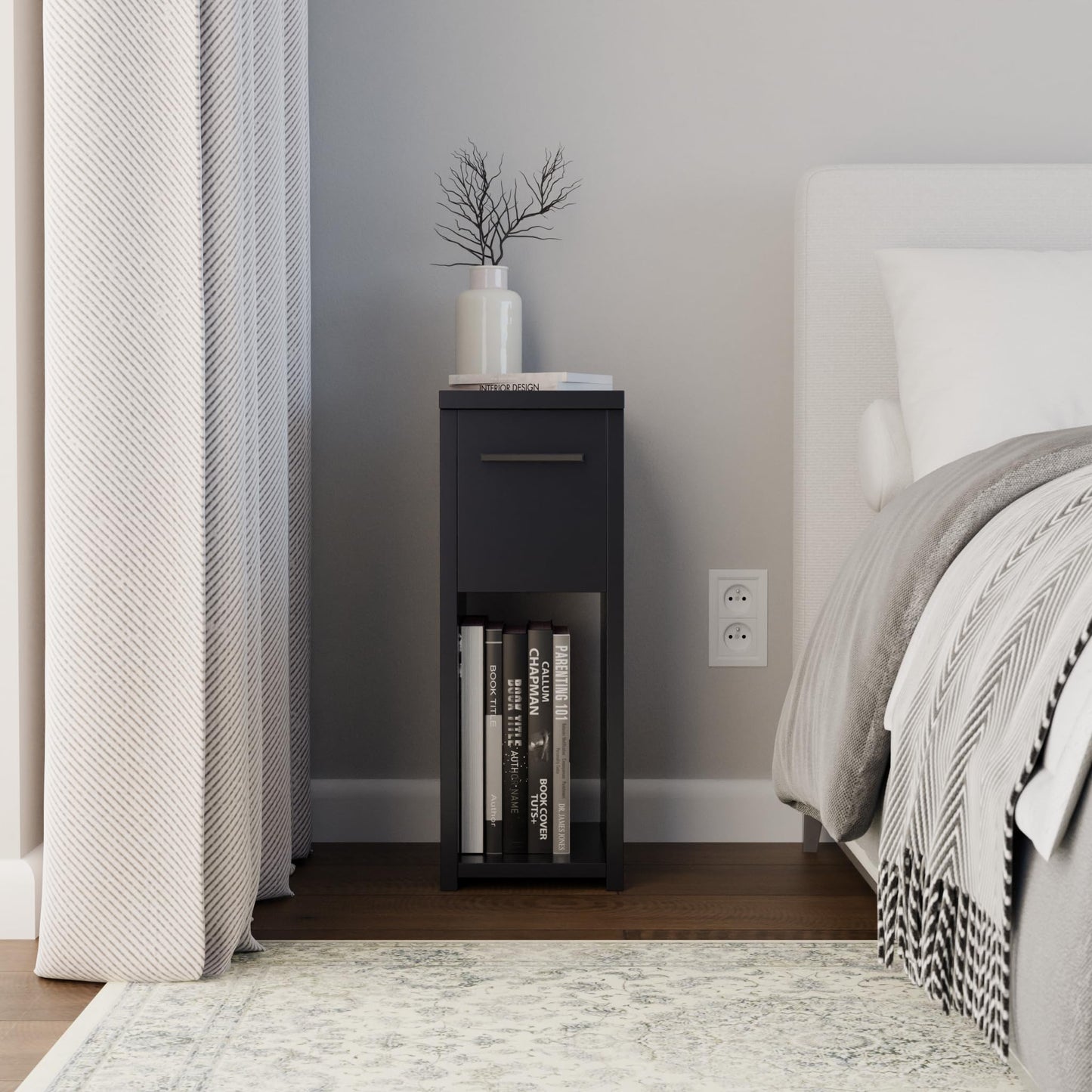ComfortCove Narrow Bedside Table with Storage Shelf & Handle, Black