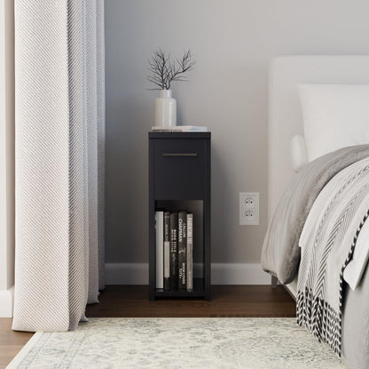 ComfortCove Narrow Bedside Table with Storage Shelf & Handle, Black