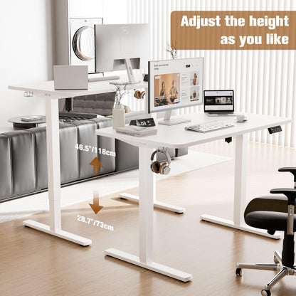 ERGOMAKER Electric Standing Desk 110x60cm, Height Adjustable Desk with Memory Handset, Stand Up Desk with Hooks for Home Office, White