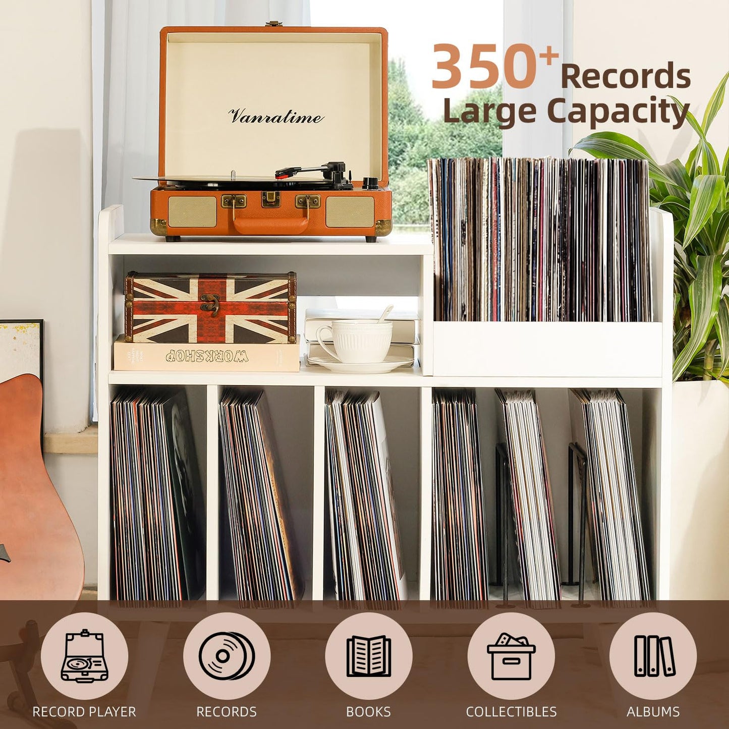 UODERS Record Player Stand, Large Record Player Table Cabinet with Open Vinyl Storage and Display Shelf Holds up to 350 Albums