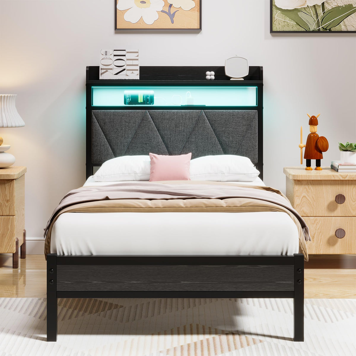 HAHRIR Single Bed Frame with 3ft Upholstered Wooden Storage Headboard, Grey