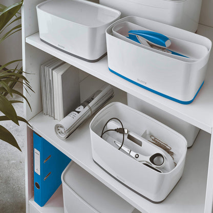 Leitz A5 MyBox Small with Lid, Storage Box for Home and Office, 5 L, High Gloss, Plastic, White/Blue Metallic
