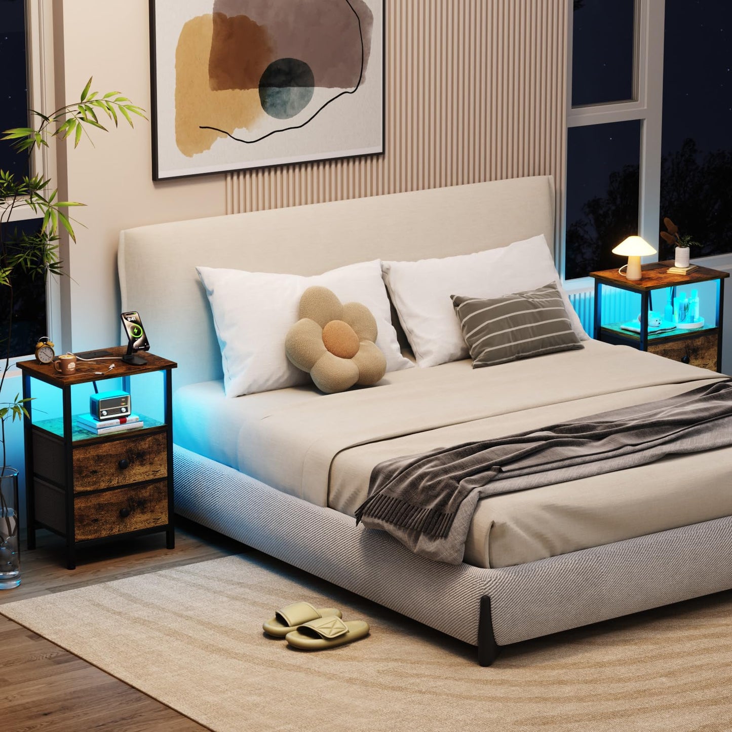 LOAKEKEL Bedside Table, Side Table with Charging Station, Bed Side Table