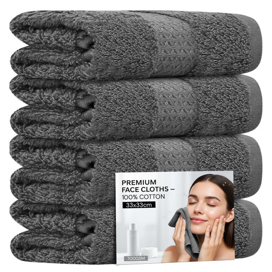 Towelogy? 4 Pack Face Cloths ? 100% Combed Cotton Flannels 33x33cm ? Soft Facial Towels for Cleansing, Makeup Removal & Skincare (4, Grey)