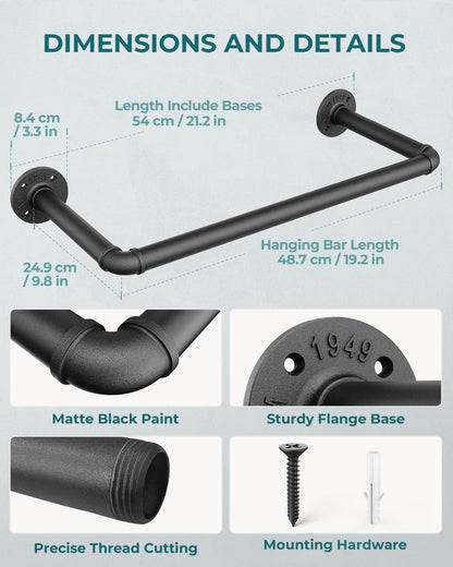 OROPY Set of 2 Wall Mounted Clothes Rail, 49cm Industrial Pipe Clothes Rack