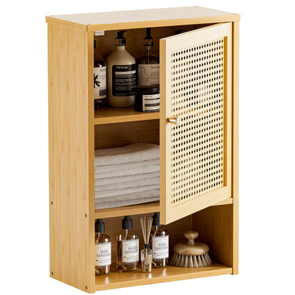 HITNET Bathroom Wall Cabinet, Rattan Medicine Cabinet, Bamboo Hanging Storage Organizer Over the Toilet with Adjustable Shelf for Living Room