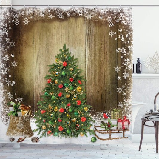 ABAKUHAUS Christmas Shower Curtain, Pine Tree with Present Boxes on Snowy Board Xmas at Countryside Theme, Cloth Fabric Bathroom Decor Set with Hooks,