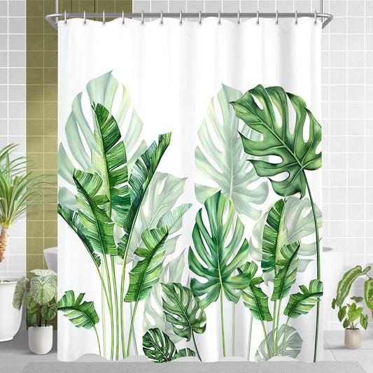 Lerores Shower Curtain, 240x180 cm, Green Leaves Weighted Hem, Anti-Mould Textile, Washable Polyester Fabric Bath Curtains with Eyelets and 16 Shower