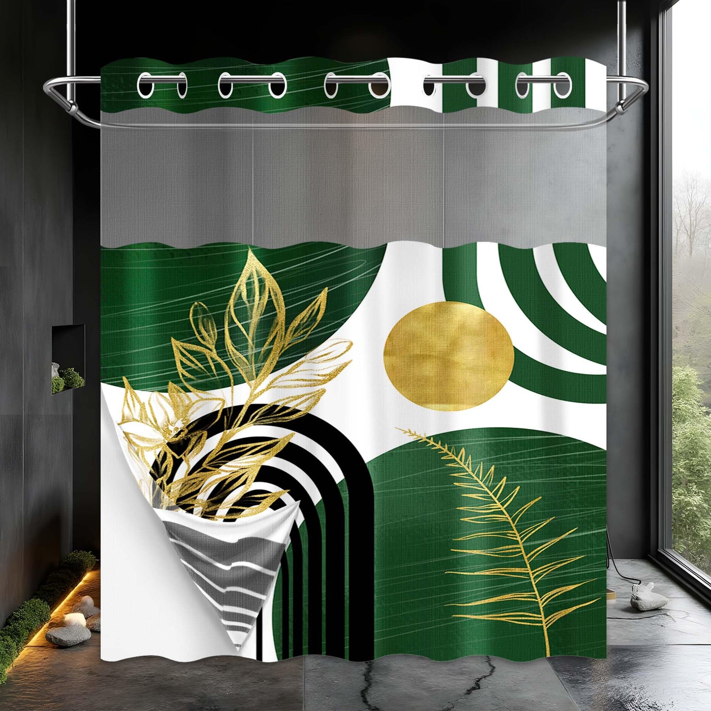 LanZanthic Boho Hookless Shower Curtain with Snap in Liner, Abstract Green and Gold Mid Century Modern No Hook Double Layer Shower Curtain and Liner