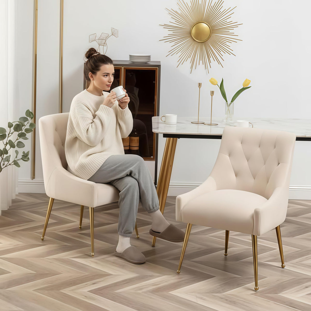 SEYNAR Dining Chair Set of 2,Modern Velvet Dining Chairs with Gold Legs,Elegant Tufted Accent Chairs for Reception, Living Room or Study Room