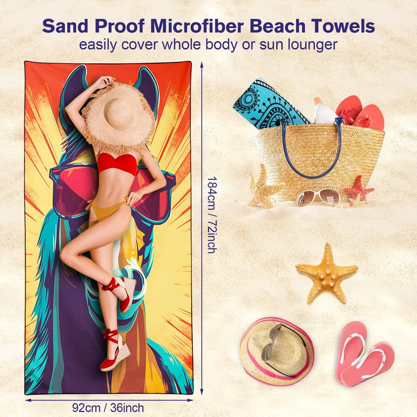 Violetpos Cool Horse with Sunglasses Beach Towel, Extra Large 180x90 cm 250GSM Microfibre, Sand Free Quick Dry
