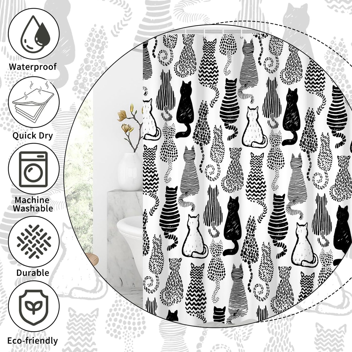 GCIREC Shower Curtain, 180x200cm, Cute Cat Funny Black and White Cartoon Kitty Waterproof Fabric Machine Washable Bathroom Curtain with Hooks