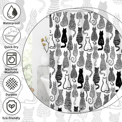 GCIREC Shower Curtain, 180x200cm, Cute Cat Funny Black and White Cartoon Kitty Waterproof Fabric Machine Washable Bathroom Curtain with Hooks
