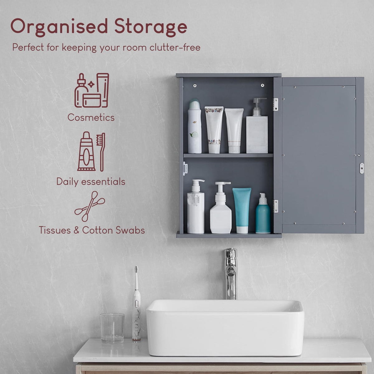 Bath Vida Priano Bathroom Cabinet Single Mirrored Door Wall Mounted, Grey