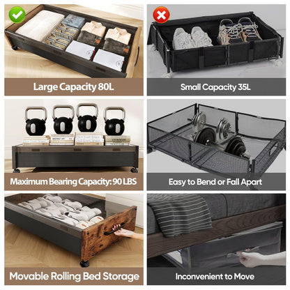 JSHNE Wooden UnderBed Storage with Wheels, 80L Extra-large Rolling Under the Bed Storage Bins 2 Pack with Removable Lid