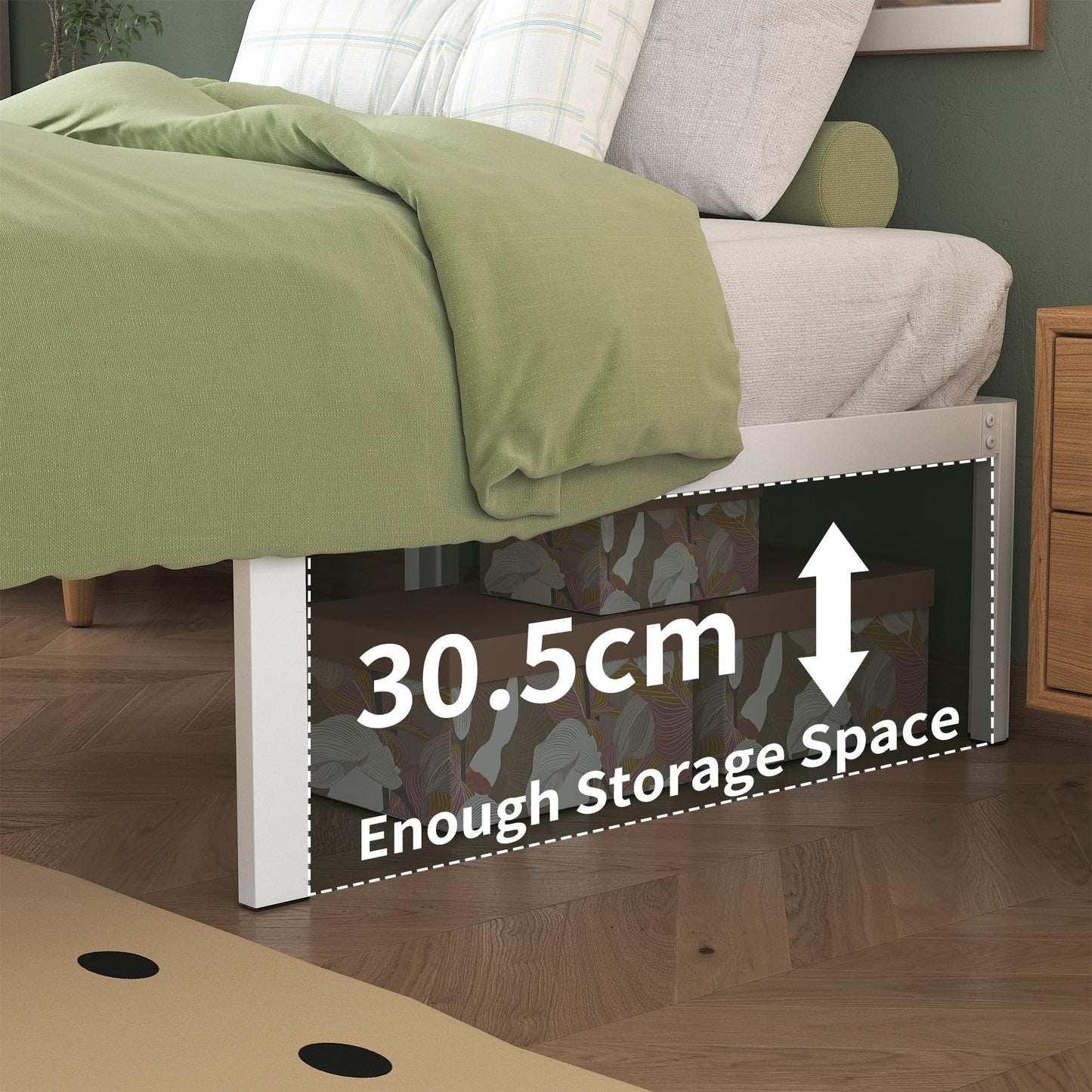 Lutown-Teen White Double Bed Frame 4ft6 with Rounded Corner Legs, Heavy Duty Metal Bed Frame Small Double with Steel Slats Support, Double Bed 36 cm
