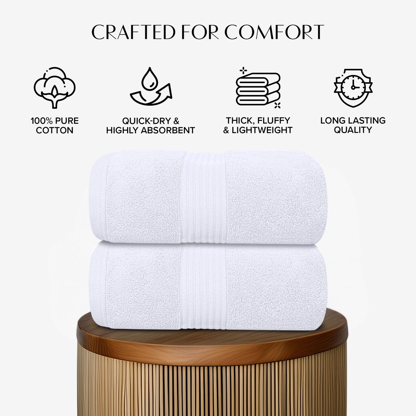 Luxury Set of 2 Jumbo Bath Sheets 100x150cm - Zero Twist 580 GSM (White)