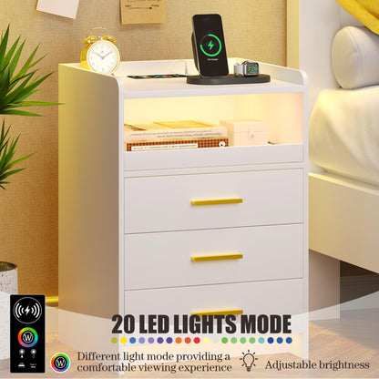 FREDEES Bedside Table with Charging Station and LED Lights, White