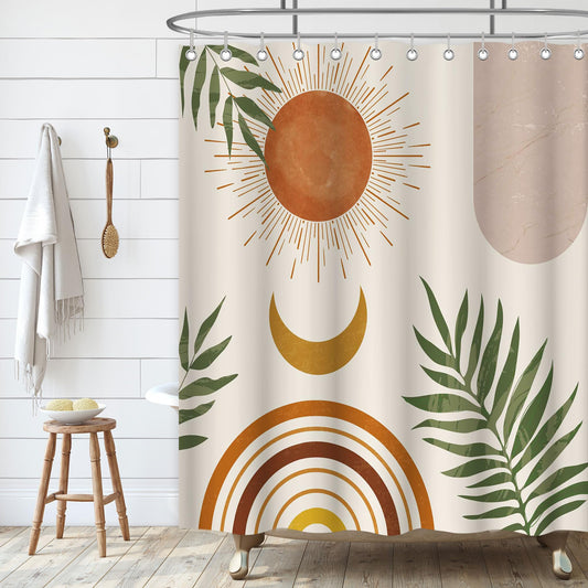 Kavier Vintage Boho Shower Curtain for Bathroom with 12 Hooks, Mid Century Abstract Shower Curtain Tropical Plant Bohemian Style, Pink Curtain for
