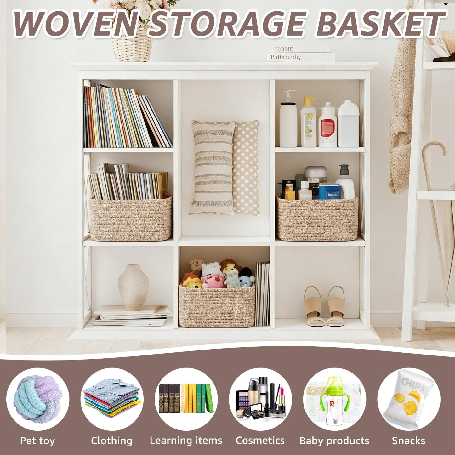 Set of 3 Storage Baskets for Shelves & Nursery, Cotton Rope Woven Basket with Hidden Handle, Empty Baby Gift Baskets
