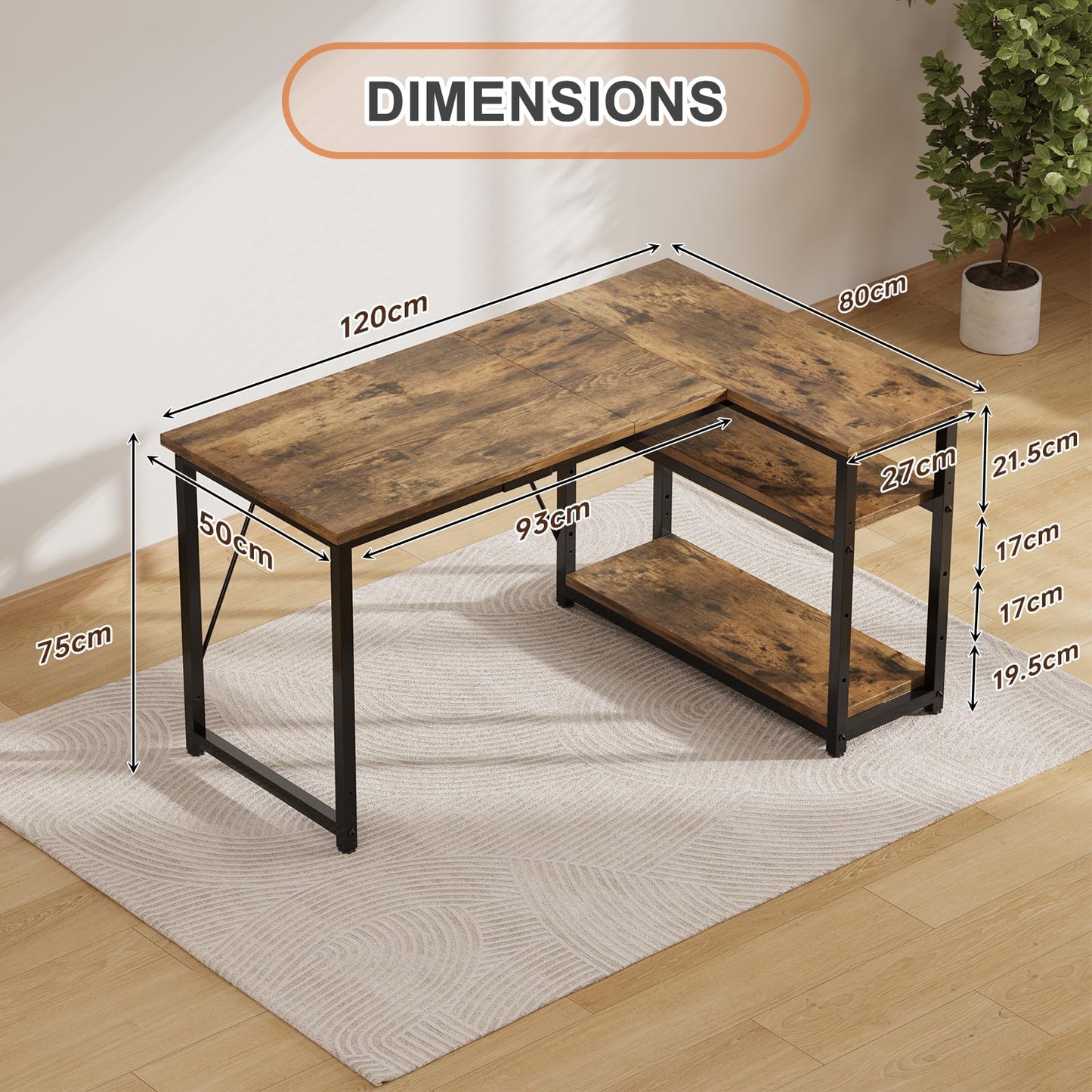 JUMMICO L Shaped Desk 120x80cm with Storage, Corner Computer Desk with Reversible Shelf, Sturdy Office Desk & Workstations for Home Office, Brown